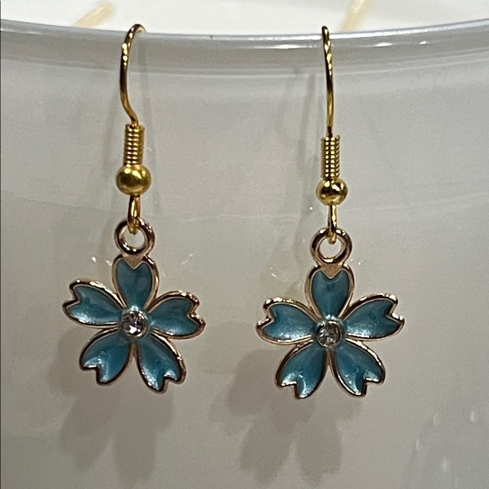 Gold and Blue Enamel Flower Earrings